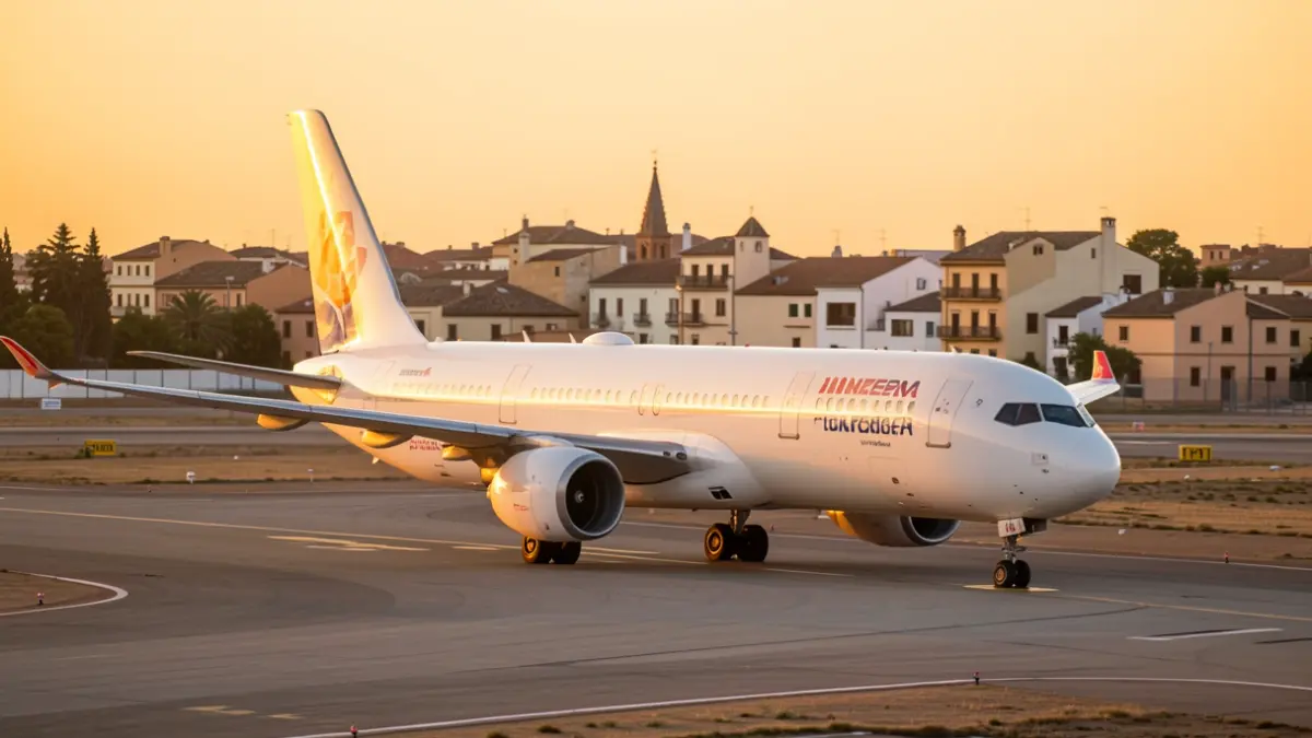 Imagen genérica de un avión Airbus A321neo en una pista de aeropuerto andaluz al atardecer.