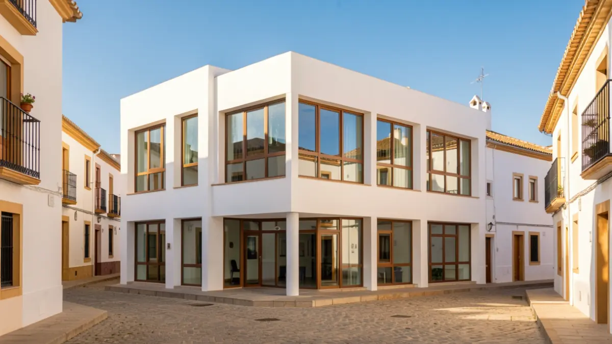 Imagen genérica de la fachada de un edificio municipal moderno en un pueblo andaluz.