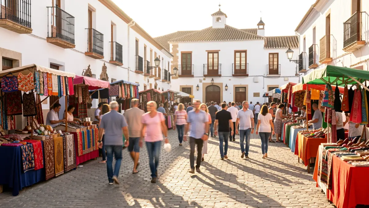 Generic image of an Andalusian town square with craft stalls and people enjoying a festival.