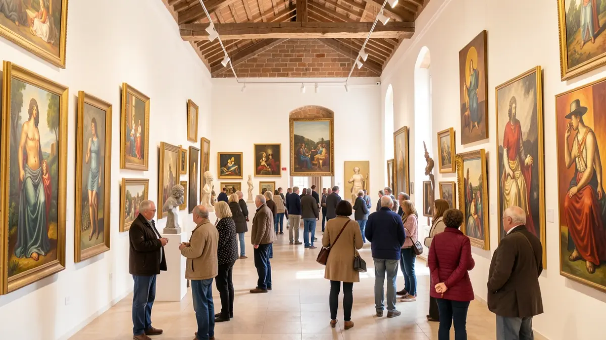 Interior de una sala de exposiciones en Andalucía con diversas obras de arte.