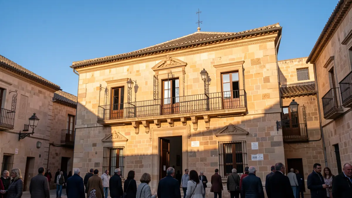 Fachada del Ayuntamiento de Álora con balcón y barandillas de hierro, luz de sol de la tarde.
