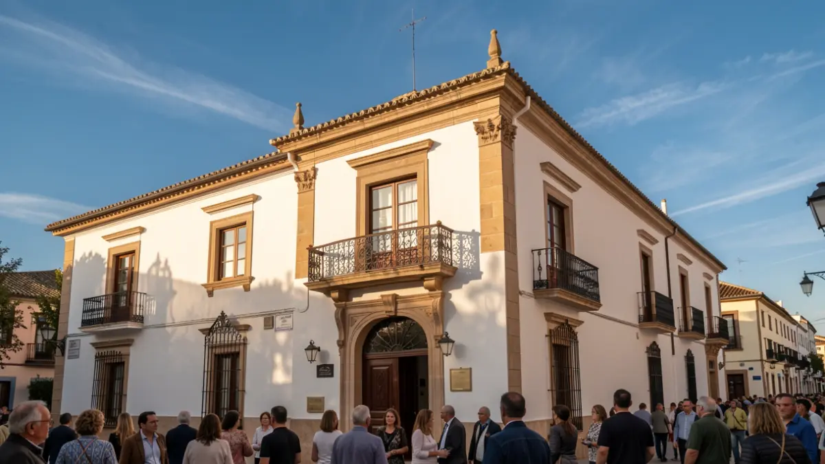 Fachada del Ayuntamiento de Álora con balcón y luz de tarde.