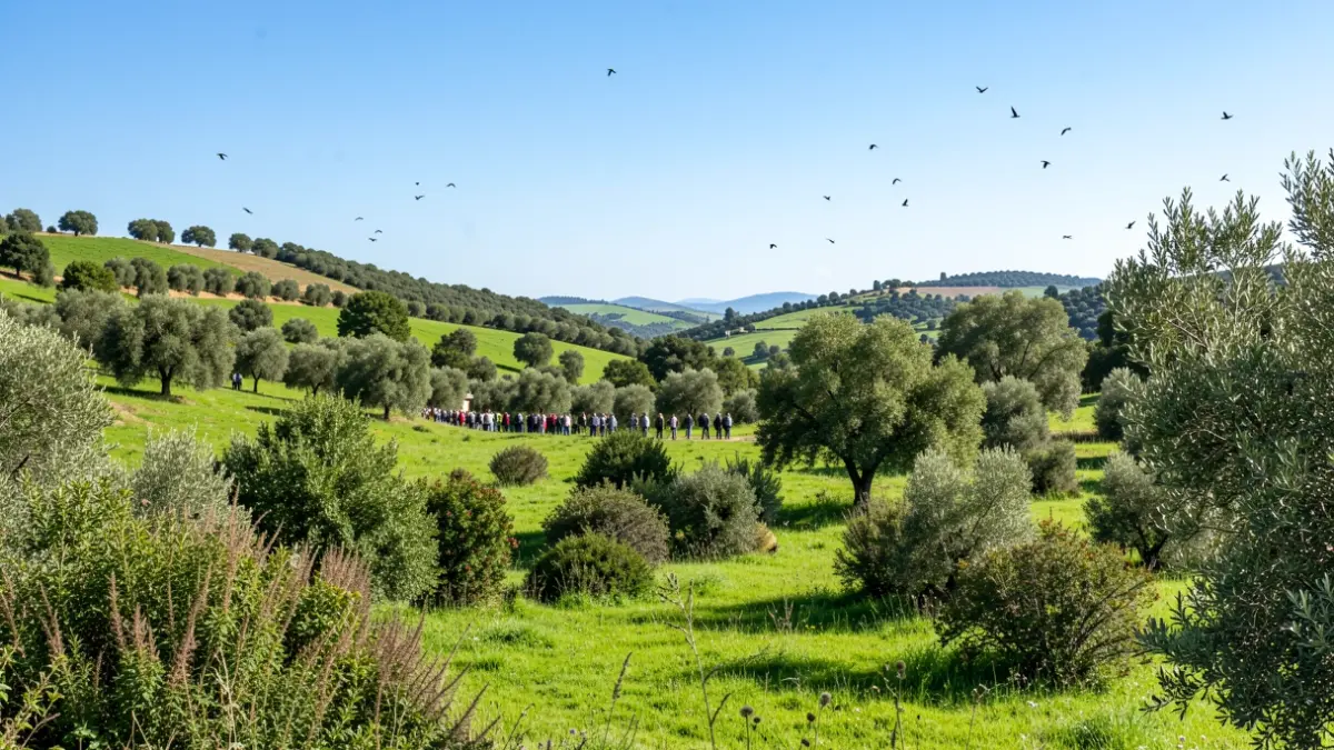 Imagen genérica de un valle verde en Andalucía con elementos de flora y fauna.
