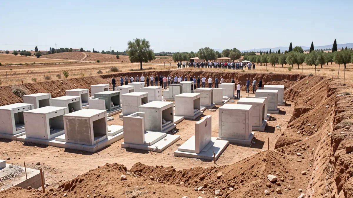 Imagen de las obras de ampliación de un cementerio en Enix, Almería, con estructuras de hormigón para nichos y osarios.