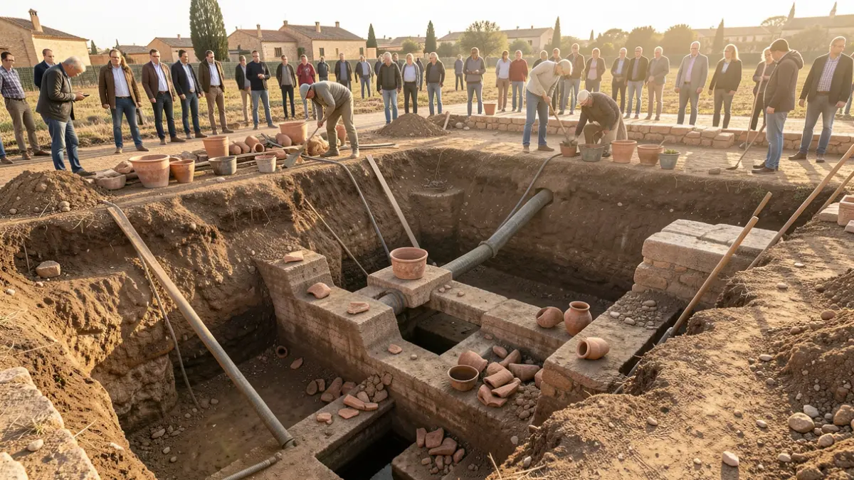 Excavación arqueológica en el yacimiento de las Laderas de Morana en Lucena, mostrando estructuras hidráulicas romanas.