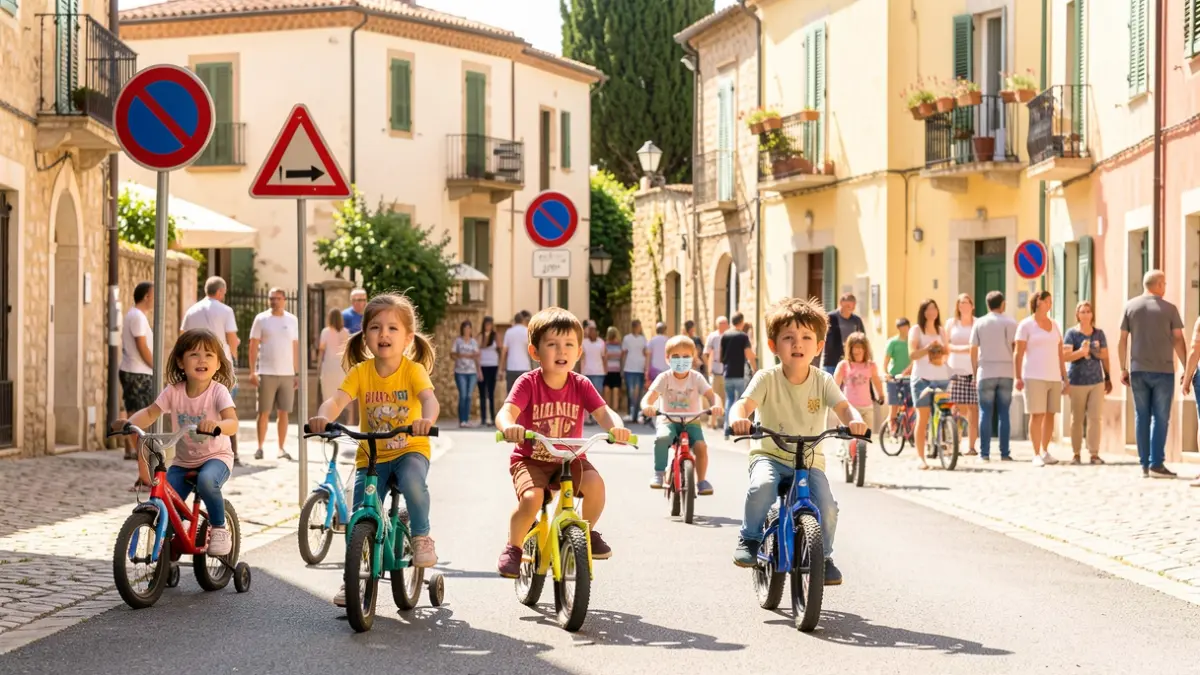 Imagen de niños aprendiendo normas de tráfico en bicicleta en una pista de educación vial en Vícar.