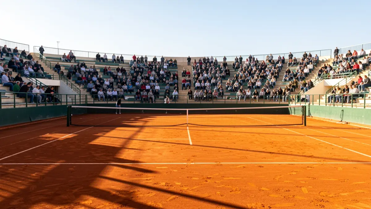 Pista de tenis en Chipiona con sol de tarde.