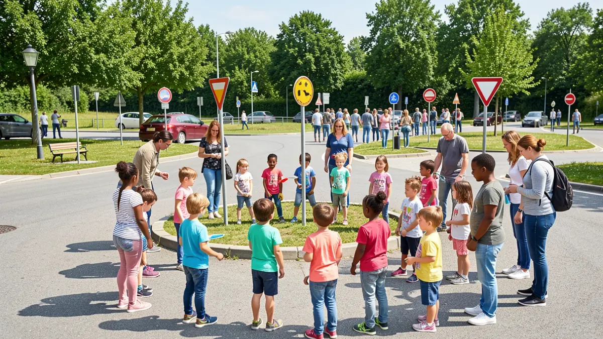 Imagen de niños y adultos participando en una sesión de educación vial en un parque de tráfico.