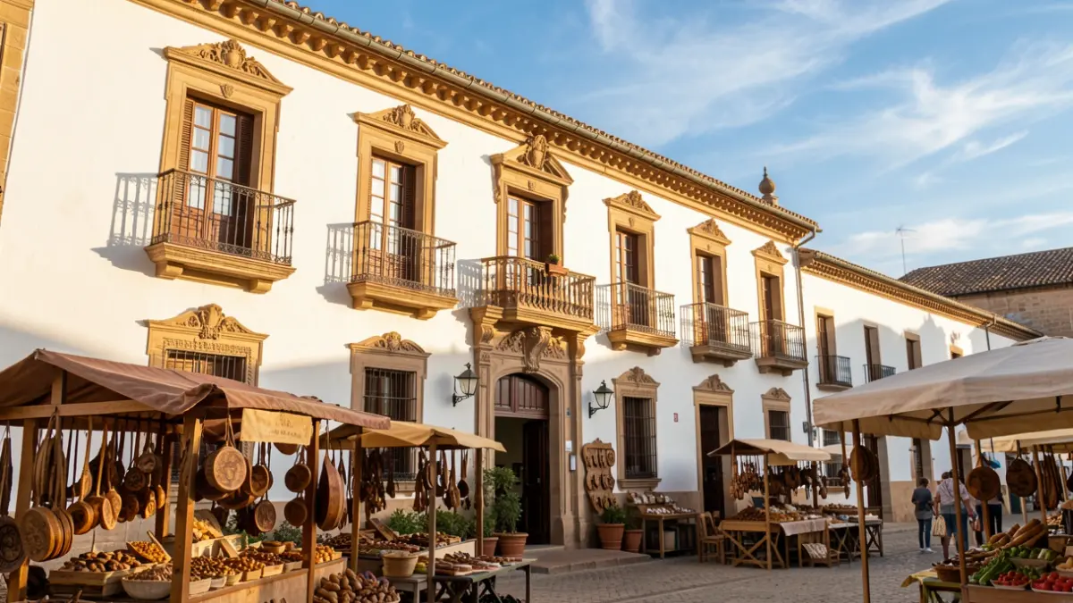 Fachada del Ayuntamiento de Castro del Río durante la feria Ars Olea, con puestos de artesanía y gastronomía.
