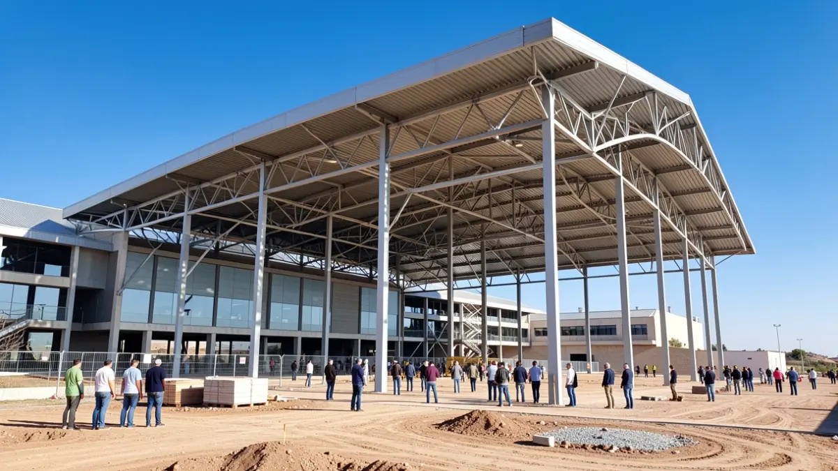 Imagen genérica de la construcción de un pabellón deportivo moderno en Andalucía, con una gran estructura metálica siendo instalada bajo un cielo azul.