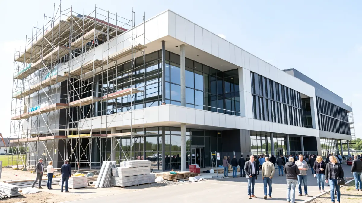 Generic image of the facade of a sports complex under construction, with scaffolding and visible materials.