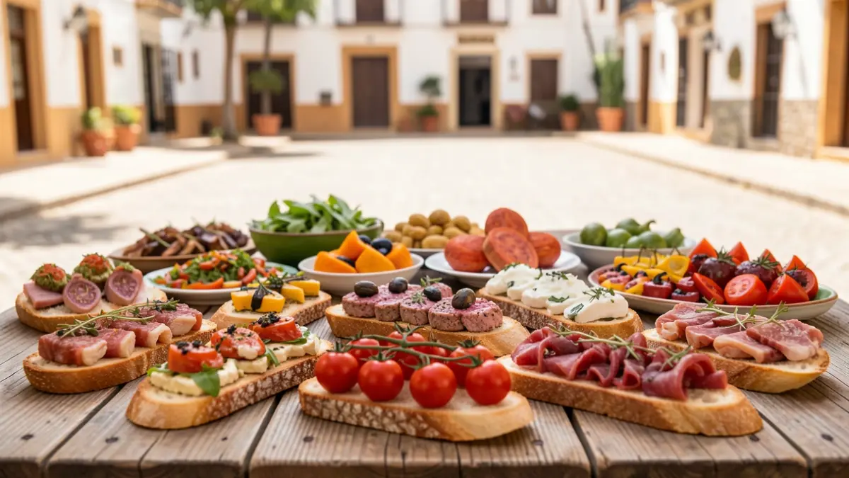 Generic image of a variety of Spanish tapas and dishes arranged on a rustic wooden table.
