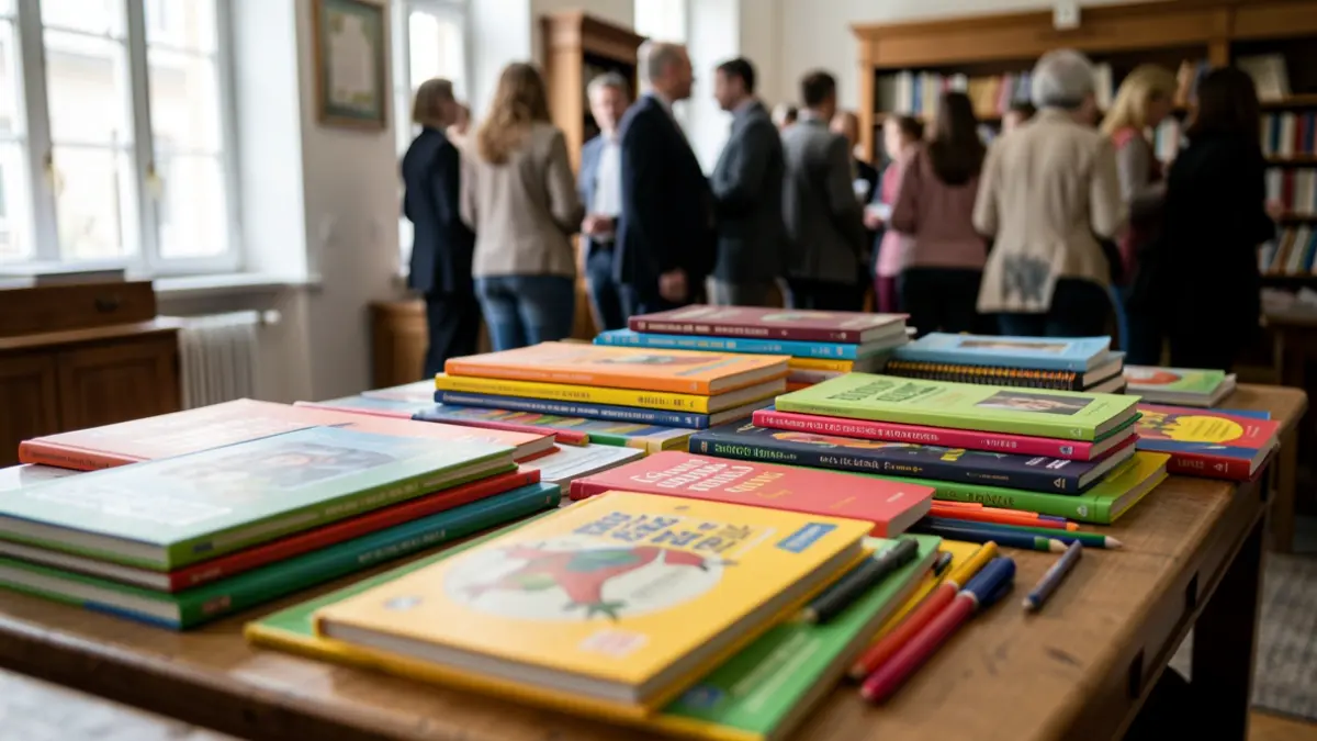 Textbooks and school supplies on a table.