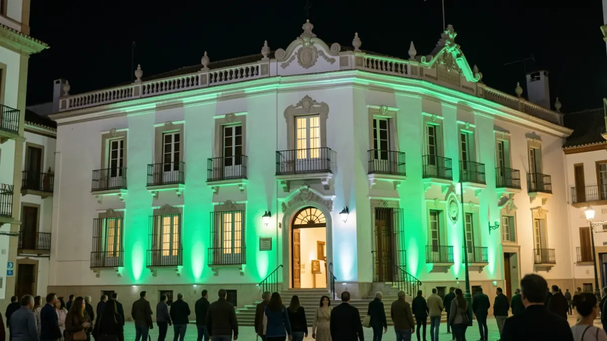 Facade of the Bailén Town Hall illuminated in green for World Mental Health Day.