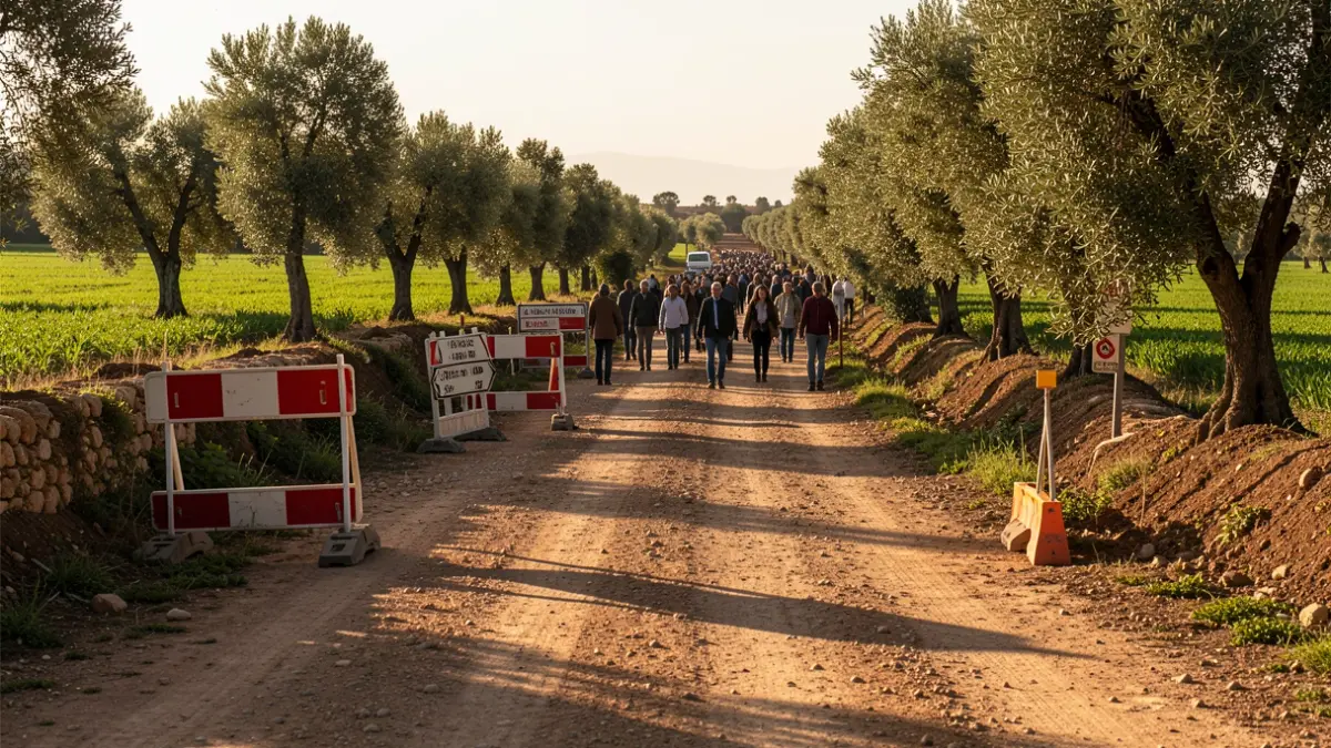 Image of a rural road in Andalusia with construction and signage.