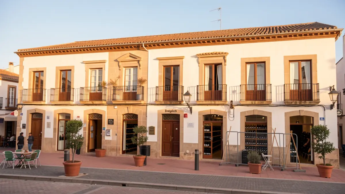 Facade of the historic Bodegas Argüeso complex in Sanlúcar de Barrameda, showing a blend of traditional Andalusian architecture and signs of urban renewal, with public spaces and hints of wine cellars, bathed in warm afternoon sunlight.