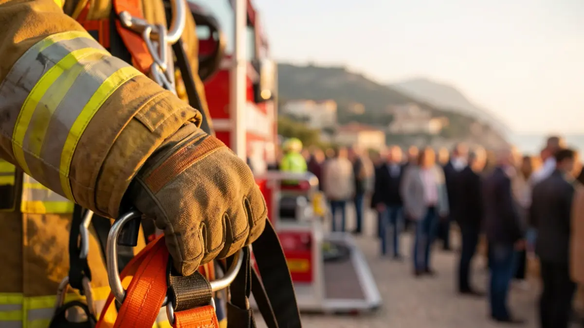 Generic image of a firefighter's gloved hand holding a rescue harness, with blurred operational equipment in the background.