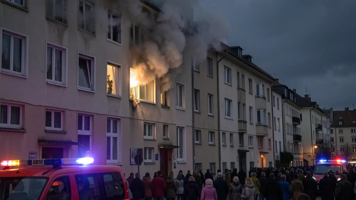 Generic image of a residential building with smoke coming from a window and emergency lights.