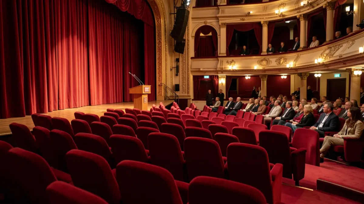 Imagen genérica del interior de un cine municipal con butacas rojas y un escenario.