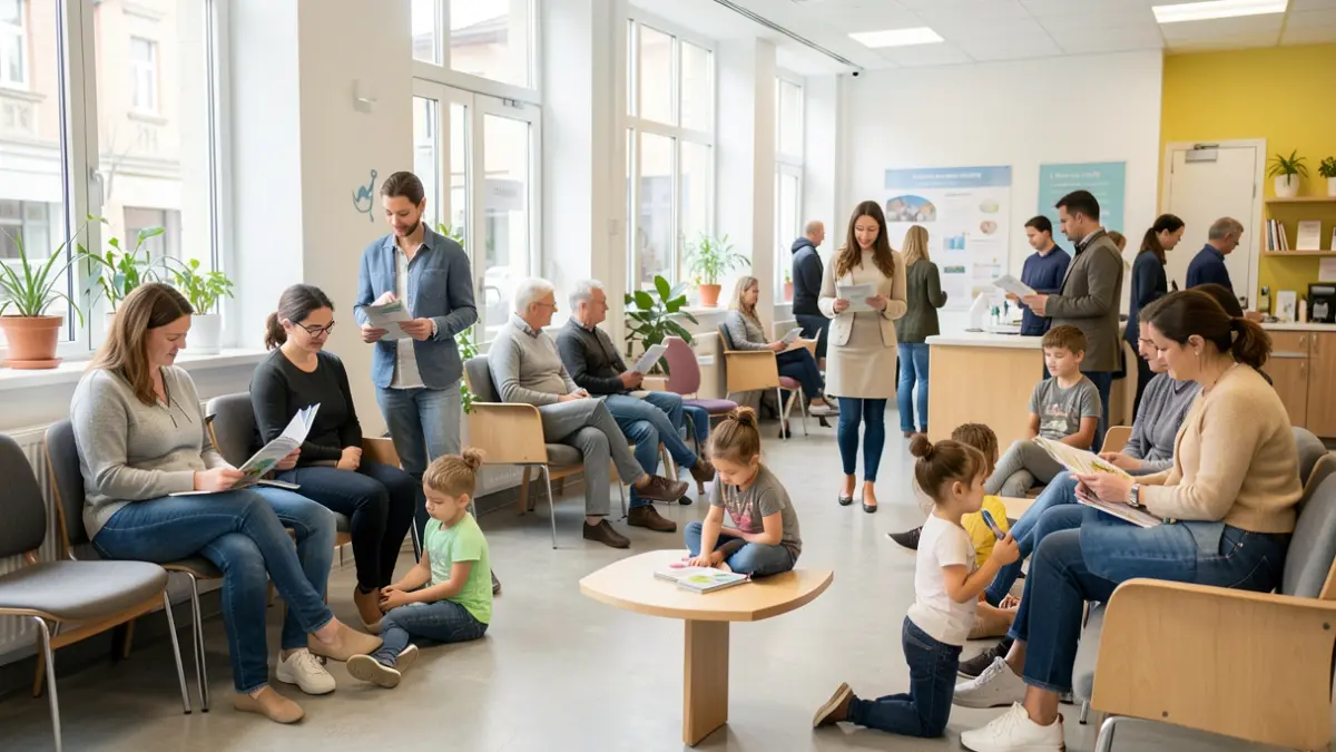 Imagen genérica de padres y niños en un centro de salud moderno, con folletos informativos y un ambiente tranquilo.
