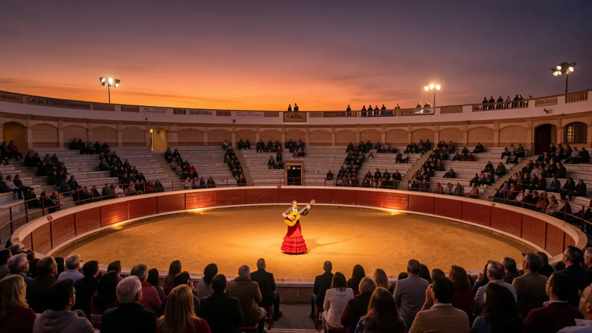 Bullring in Cabra at sunset with a flamenco guitarist performing on stage.