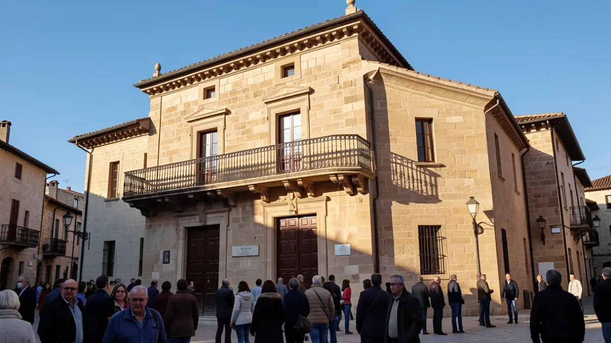 Fachada de un ayuntamiento andaluz con balcón y barandillas de hierro, bajo la luz del sol de la tarde.