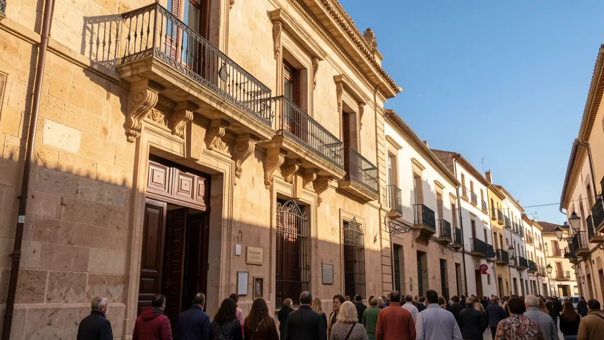 Generic image of an Andalusian town hall facade with a balcony and iron railings, under warm afternoon sunlight.