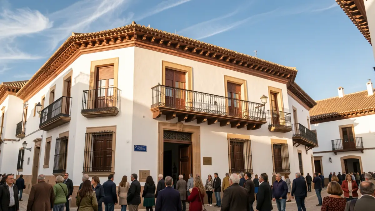 Imagen genérica de la fachada de un ayuntamiento andaluz con balcón y luz de tarde.