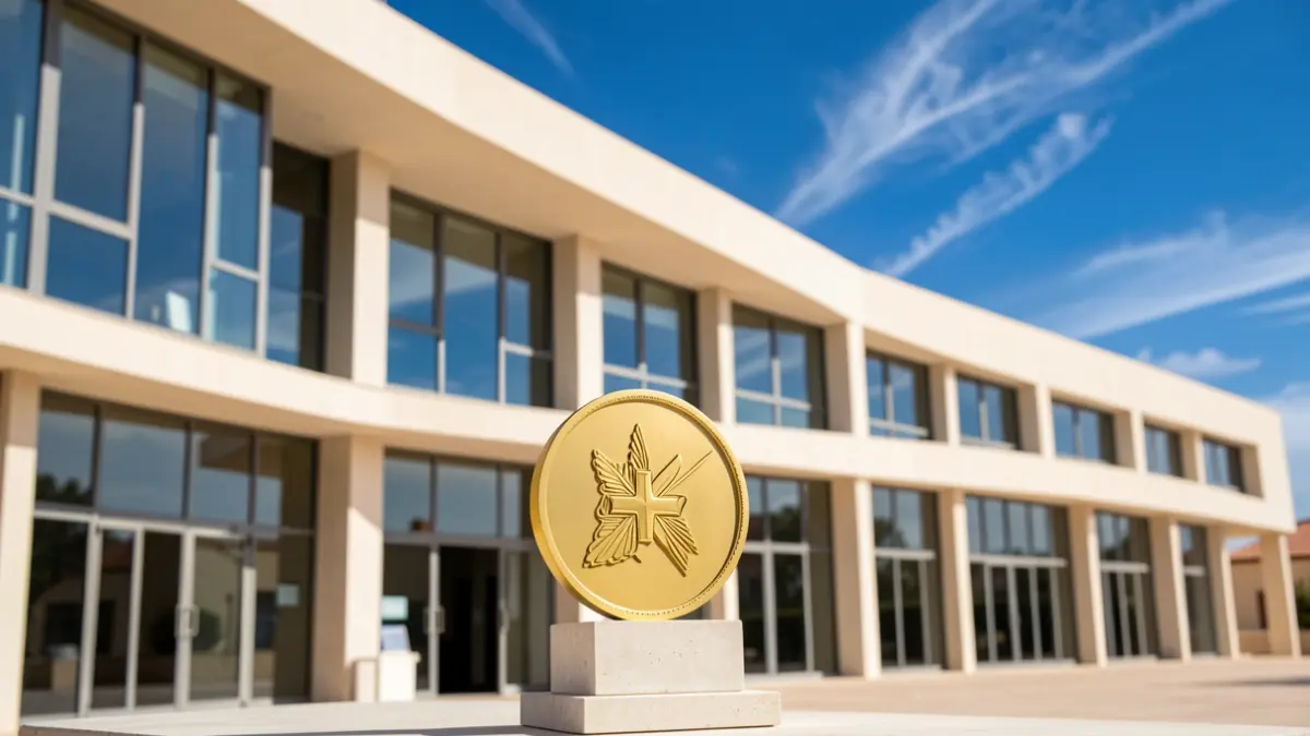Generic image of the facade of a modern sports building in Andalusia with a stylized trophy in the foreground.