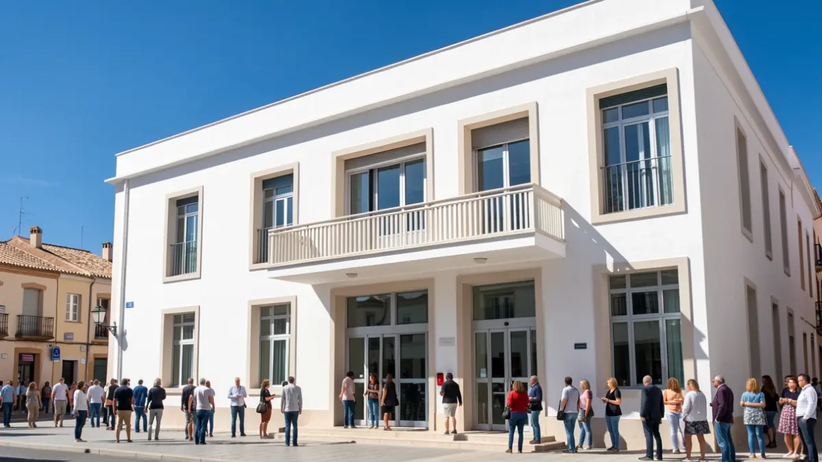 Imagen genérica de la fachada de un edificio municipal moderno en Andalucía, con sol brillante y cielo azul.