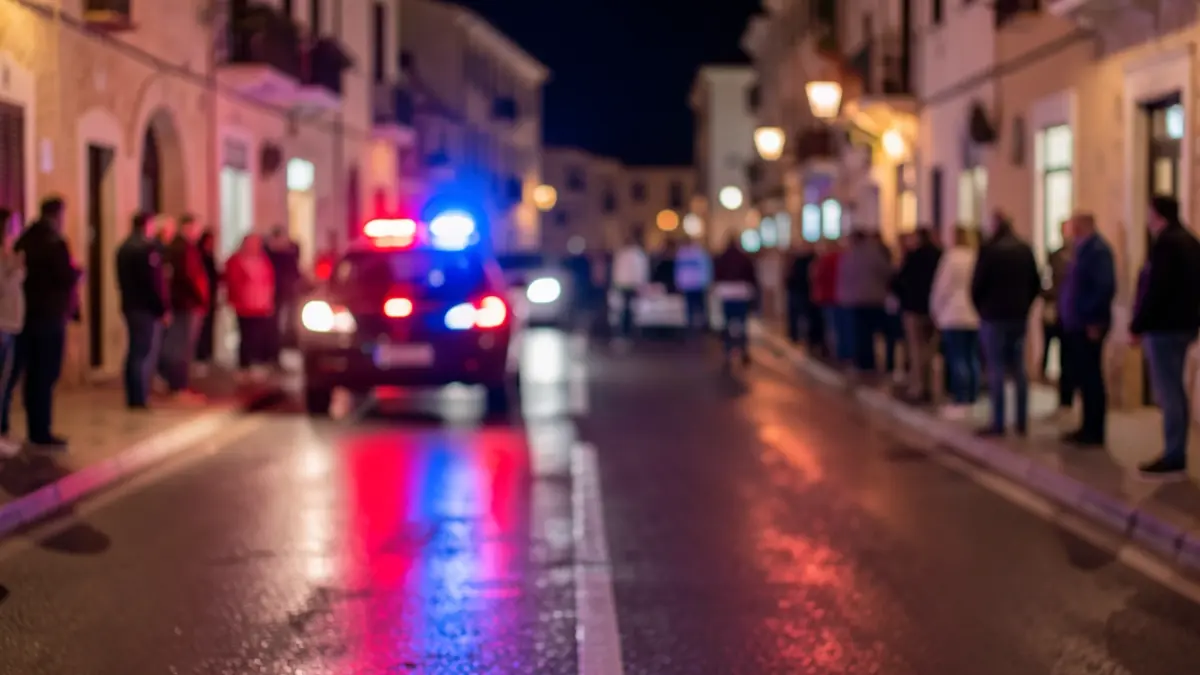 Imagen genérica de luces de emergencia rojas y azules reflejándose en el asfalto mojado por la noche.
