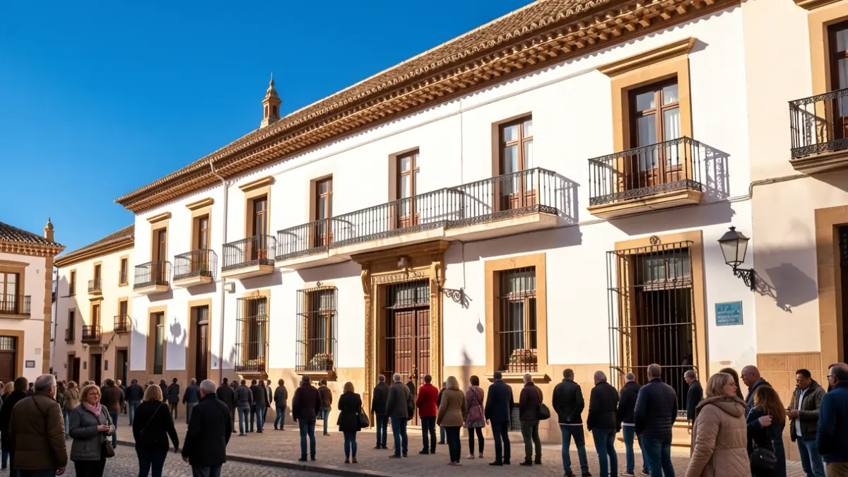 Fachada de un ayuntamiento andaluz con balcón y cielo azul.