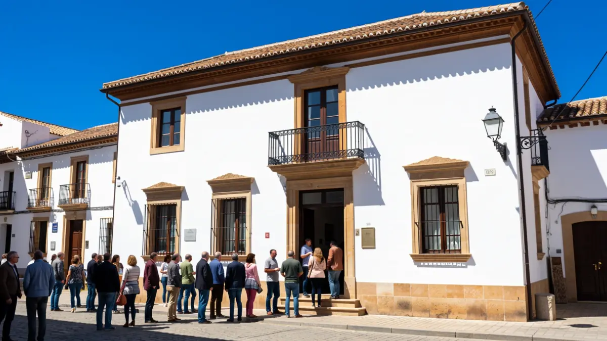 Fachada del Ayuntamiento de Cartajima con balcón de forja y sol intenso.