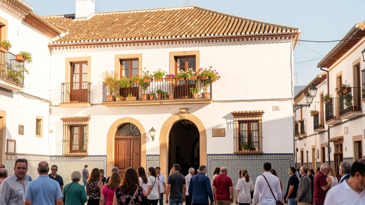 Fachada de un ayuntamiento andaluz con flores y luz solar.