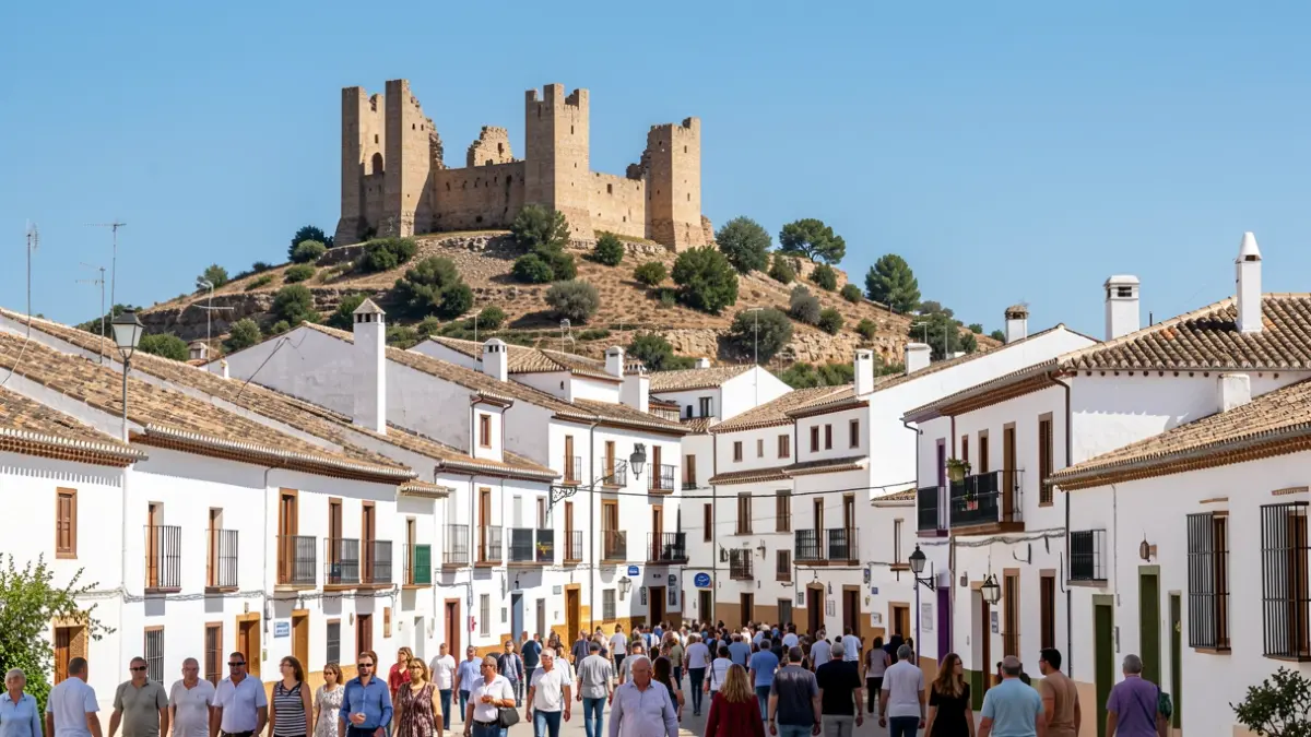Vista panorámica del pueblo blanco de Casares, Andalucía, con su castillo en la colina.