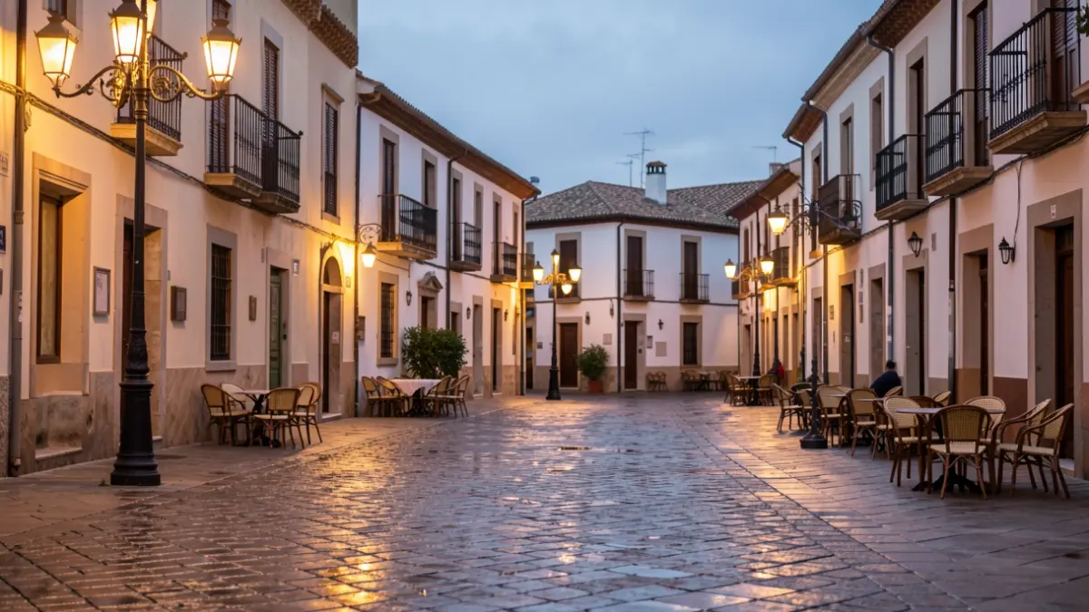 Plaza de un pueblo andaluz al atardecer con farolas y suelo mojado.