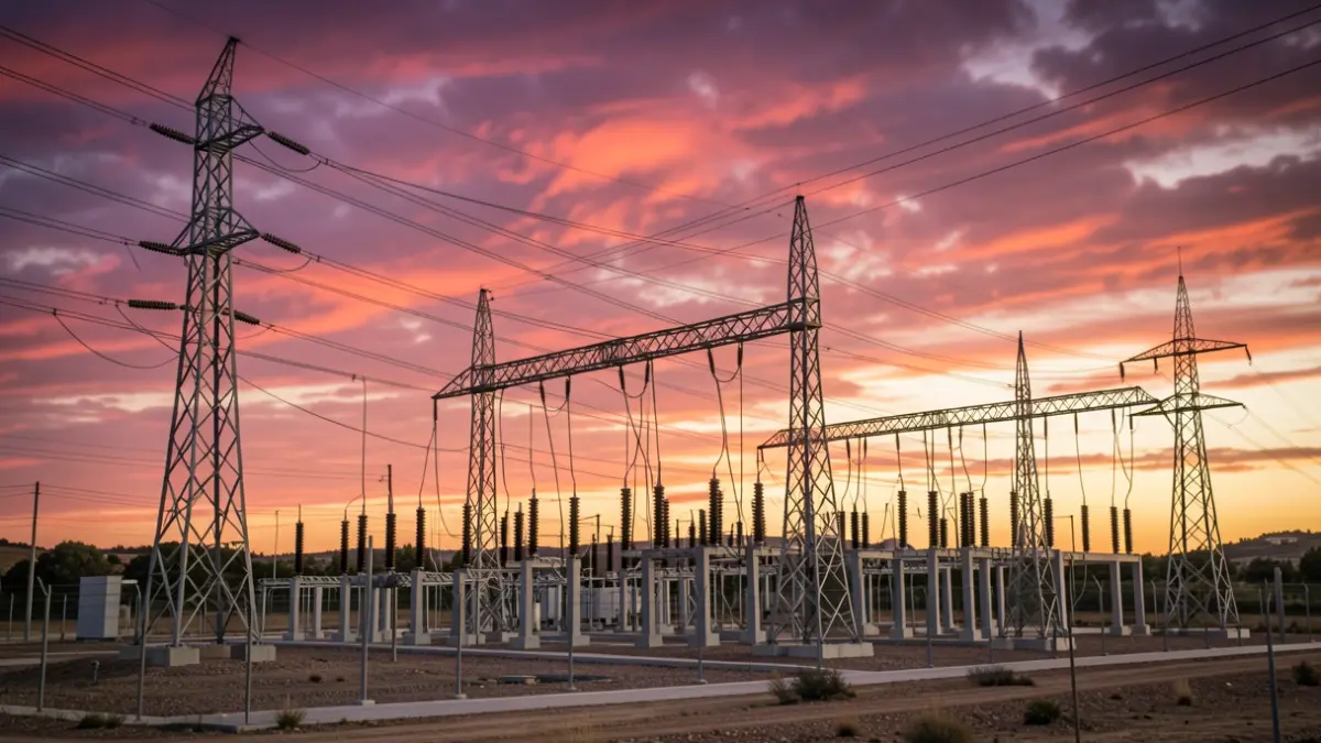 Infraestructuras eléctricas y torres de alta tensión al atardecer, representando el déficit energético y el crecimiento.