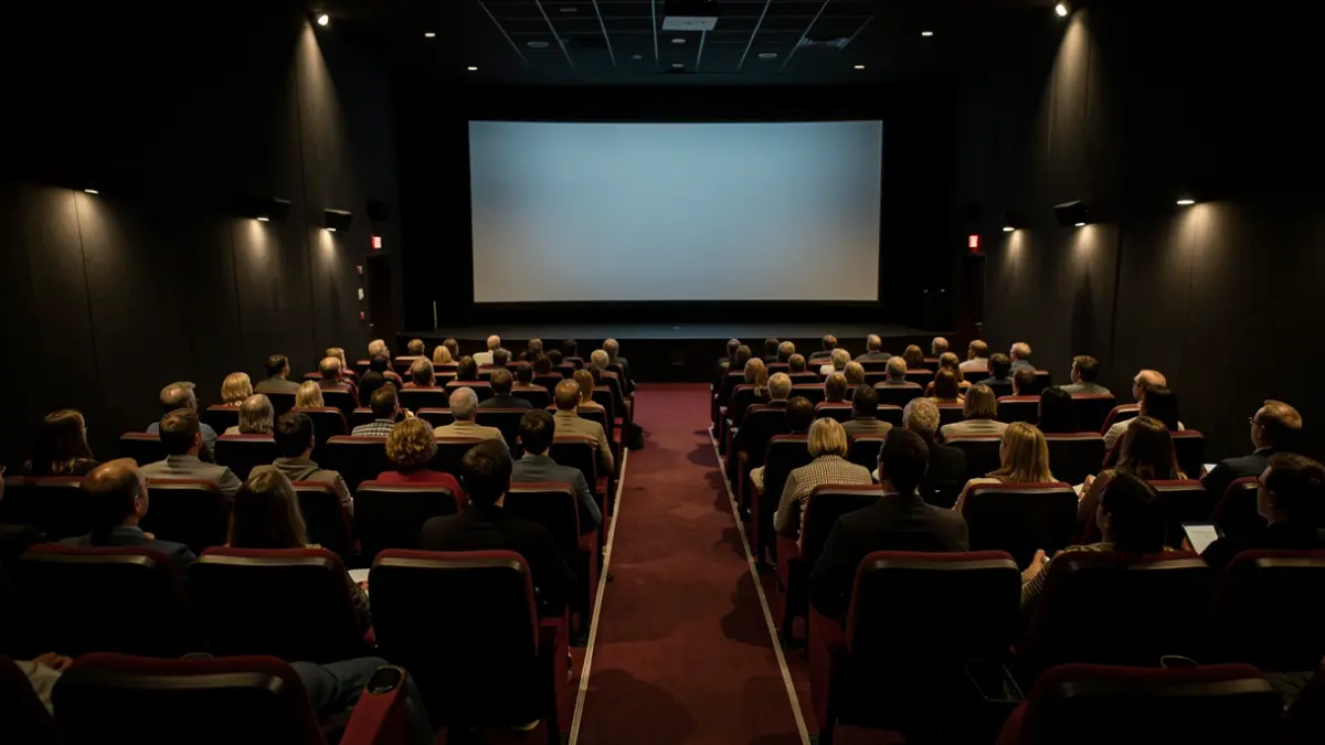Empty cinema hall with dark seats and ambient light.