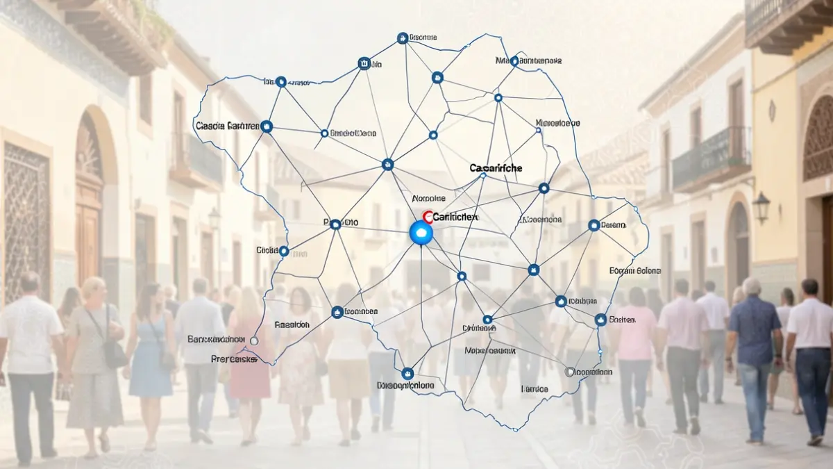 Interfaz de mapa digital que muestra los municipios del Área Urbana Funcional de Estepa conectados, destacando Casariche.
