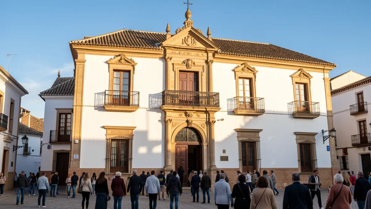 Facade of a historic Andalusian town hall with ornate balconies and white walls, under warm afternoon light.