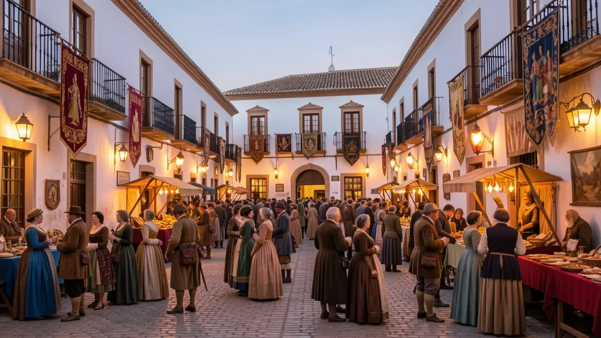 Scene from the Fiestas del Adelantamiento in Cazorla with costumed residents and Renaissance decoration.