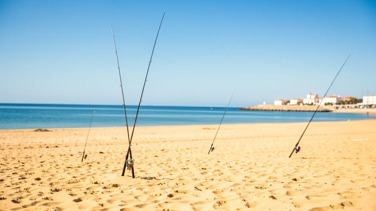 Imagen genérica de la playa de Regla en Chipiona durante un día soleado, con cañas de pescar preparadas para un evento.