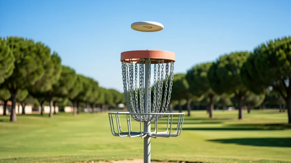 Canasta de disc golf con un disco en el aire en Chipiona.