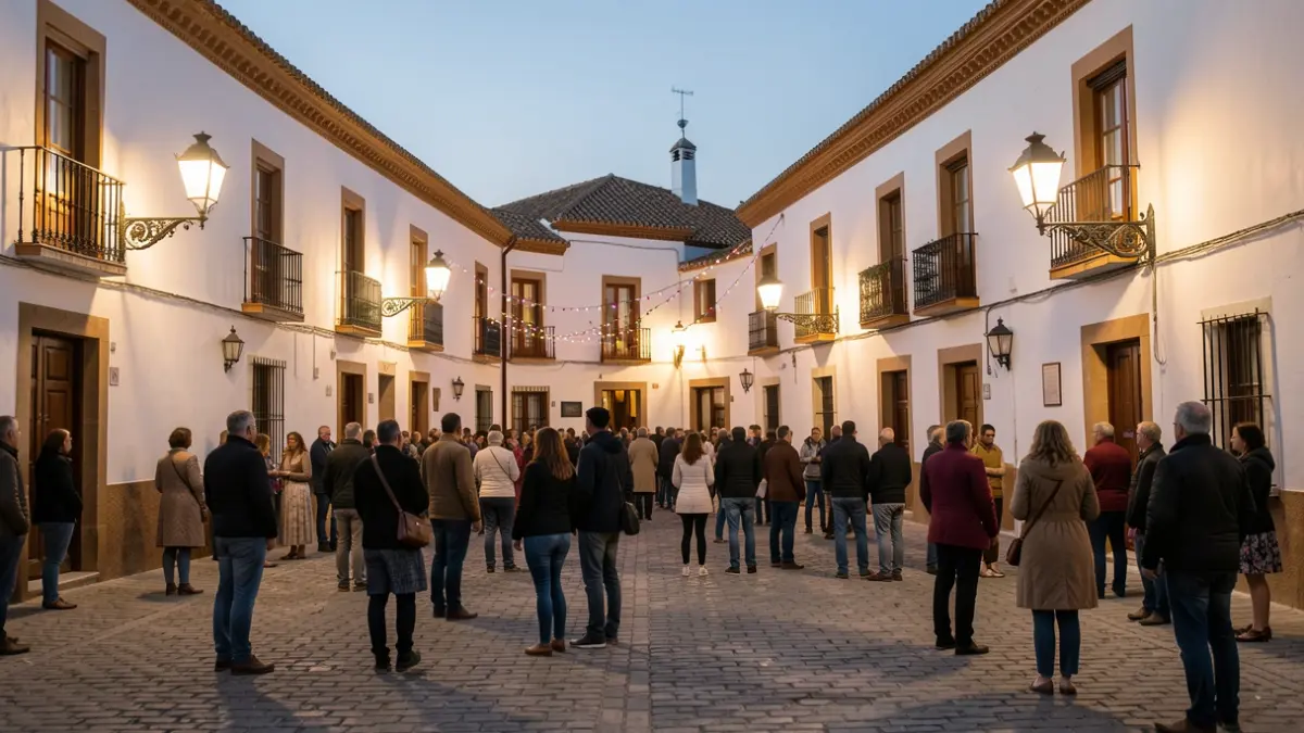 Plaza de Chipiona al atardecer, decorada para el carnaval.