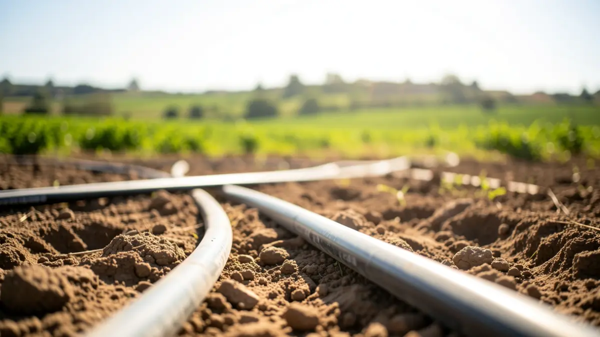 Image of irrigation pipes being installed in a field.