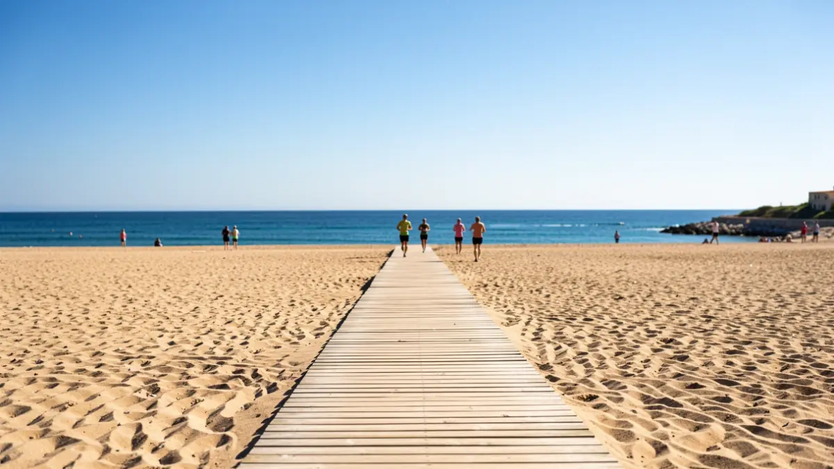 Generic image of a beach with a boardwalk and runners.