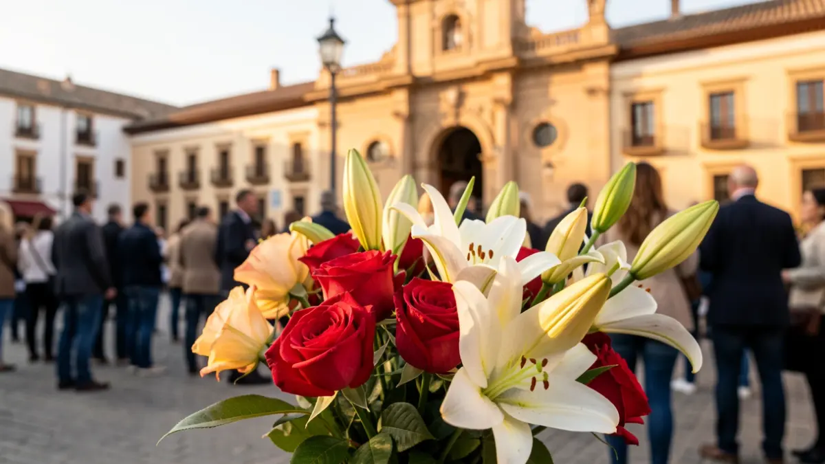 Close-up of a bouquet of vibrant cut flowers, including roses and lilies, with a blurred background of a traditional Andalusian town hall facade bathed in warm afternoon sunlight.