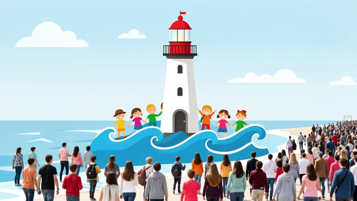 Logo institucional del Consejo Local de Infancia y Adolescencia de Chipiona, con un faro, figuras infantiles y olas.