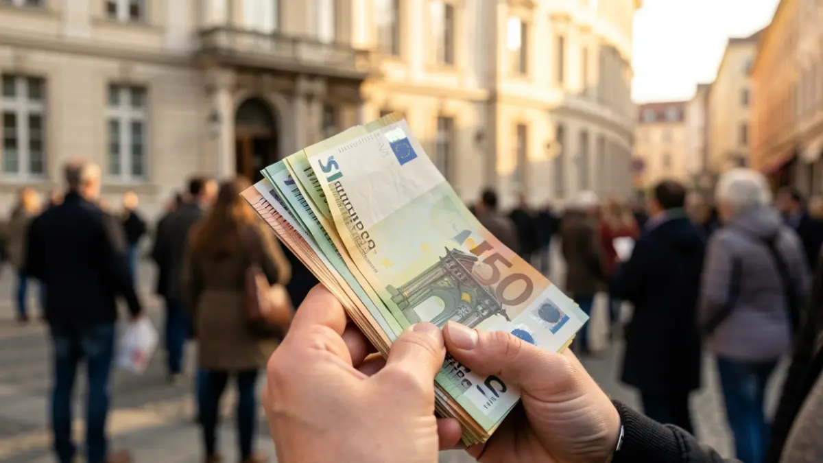 Hands holding euro banknotes with a municipal building in the background.