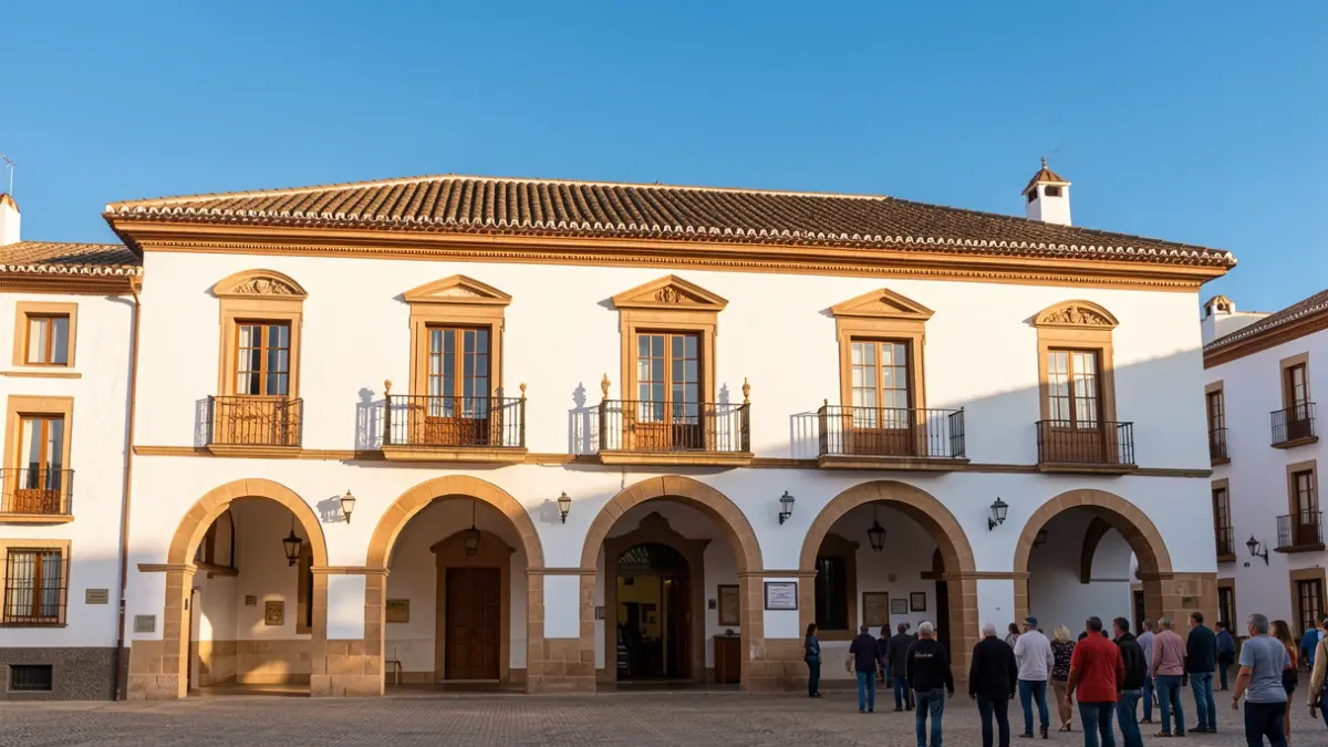 Imagen genérica de la fachada de un ayuntamiento andaluz con arcos y tejado de tejas, bajo un cielo azul brillante.